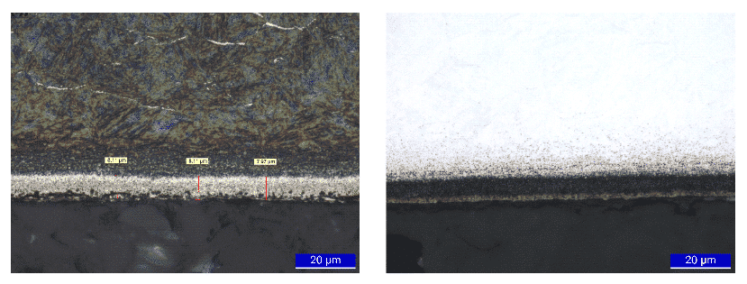 Strato nitrurato su acciaio 41CrMoAl7 osservato in sezione al microscopio ottico a 1000 ingrandimenti dopo attacco con Nital 3% (a) e Marble’s (b)